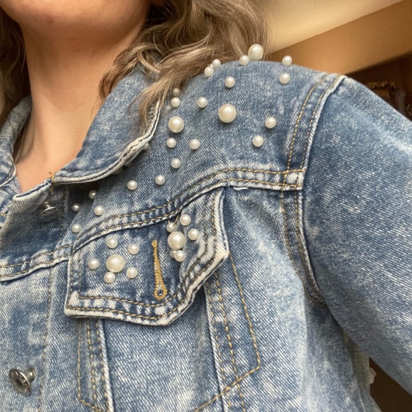 Pearl Embellished Denim Crop Jacket - Picture 5 of 5